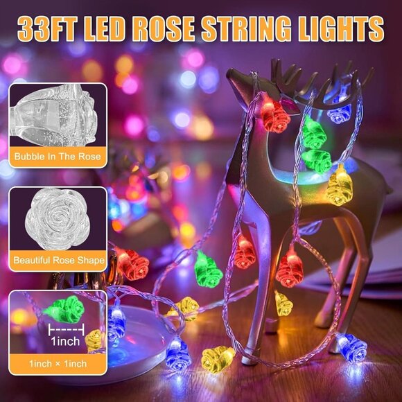 Rose Flower LED String Lights - 33Ft, 80 Multicolor LEDs, Dimmable, Timer, USB - Picture 3 of 8